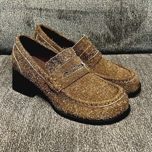 Urban Revivo Suede Heeled Pumps Womens Sz 6.5 Brown Leather Retro Chunky Loafer